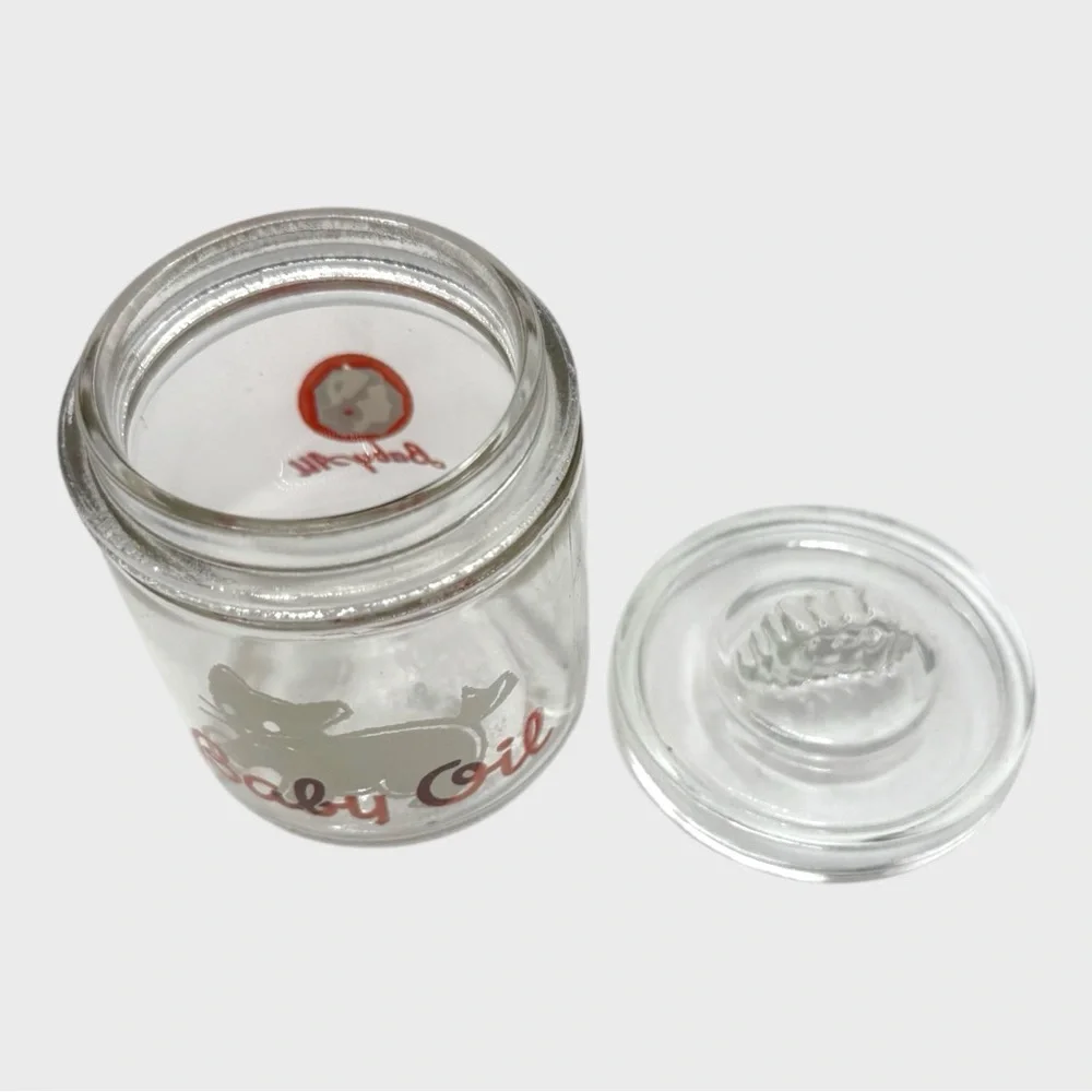 Vintage Clear Glass Baby Oil Jar with Kitty Design